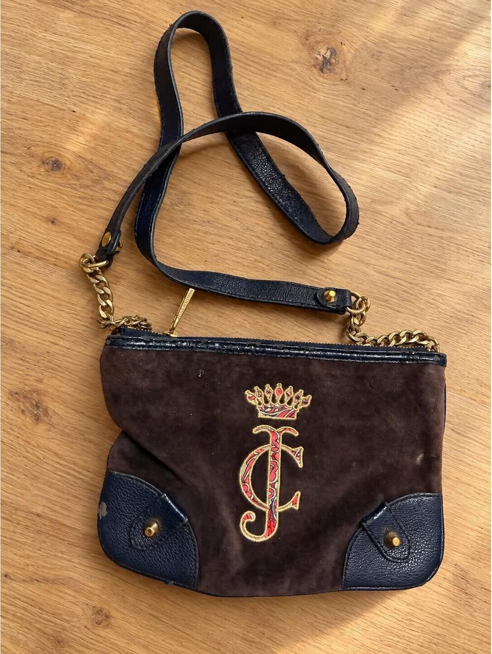 Juicy Couture Brown Suede and Black Leather Shoulder Bag with Crown Logo